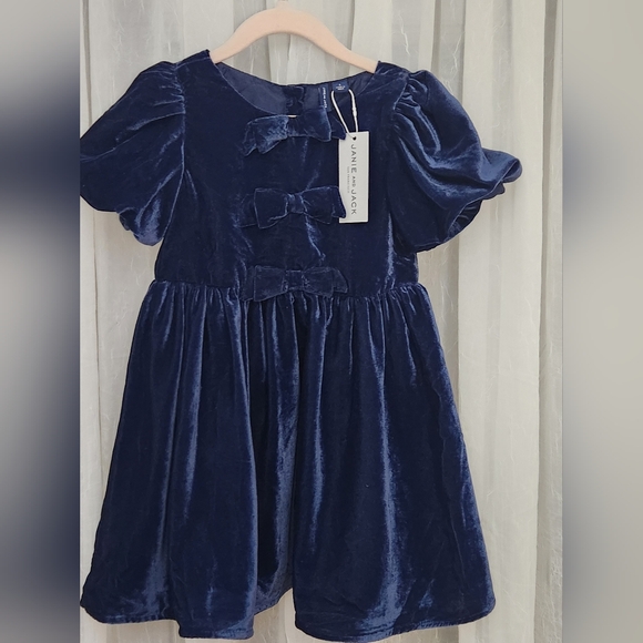 Janie and Jack Navy Blue Velvet Girl's Dress w/ Bubble Short Sleeve, Size 4,NWT - Picture 2 of 5
